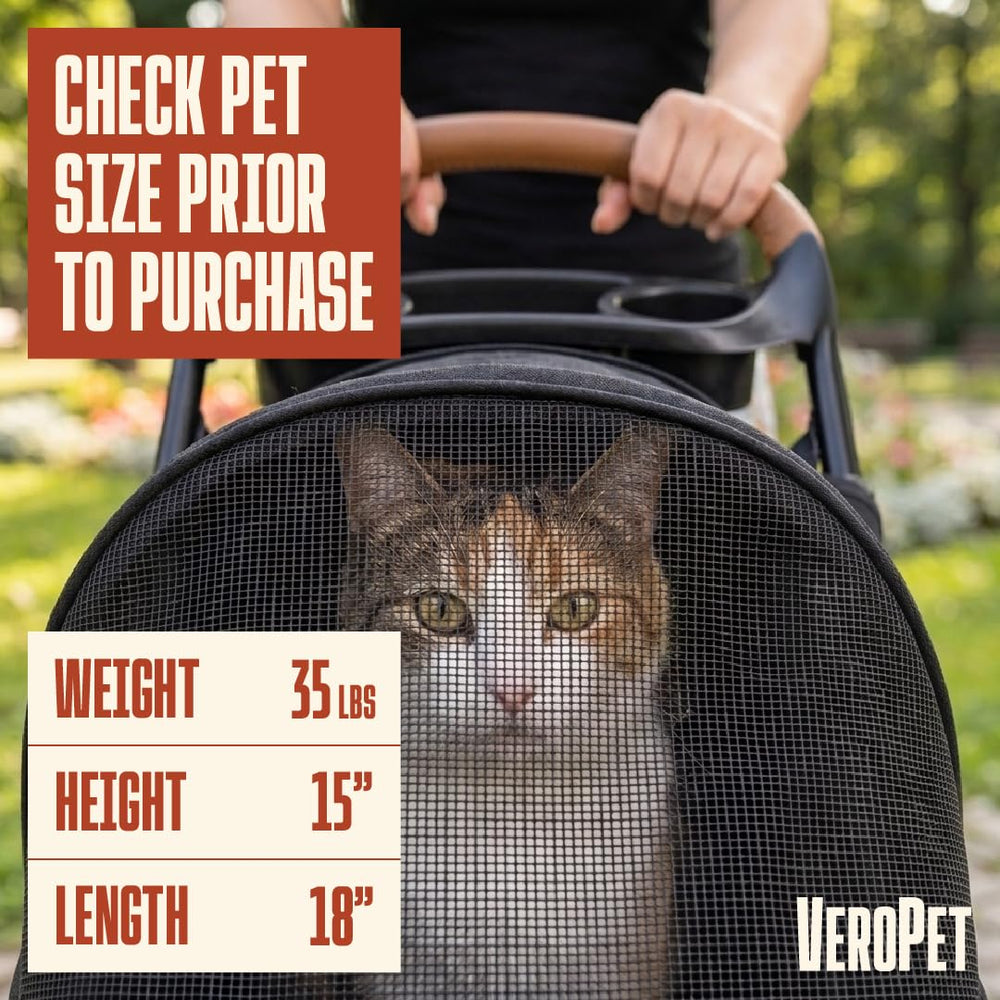 Veropet basket and cupholder demonstrate convenient storage during outings.