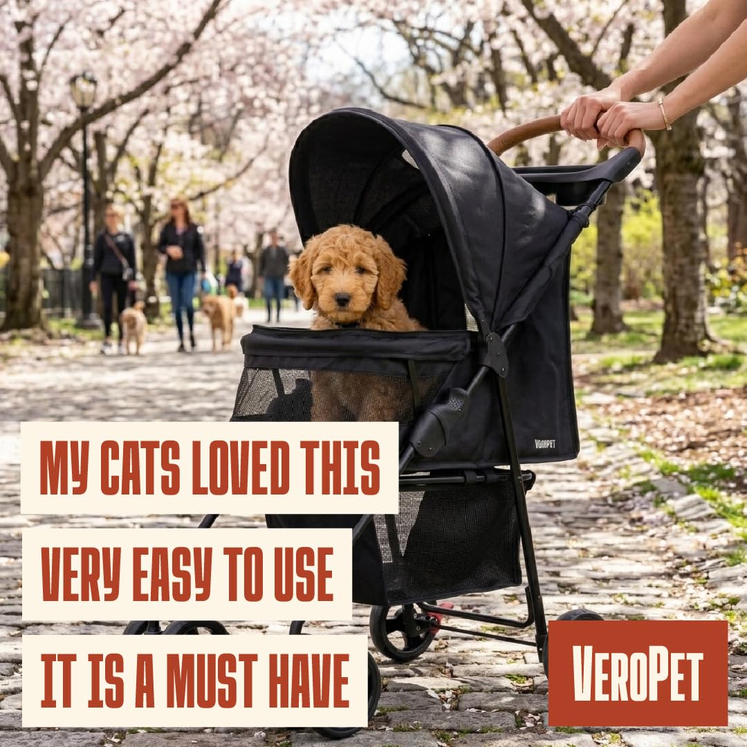 Veropet travel-ready stroller demonstrates portability for car trips and travel.