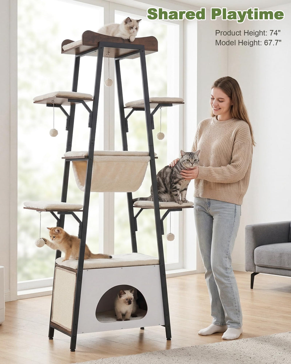 VERSASKY 74-inch cat tree multi-level shows vertical play for energetic felines