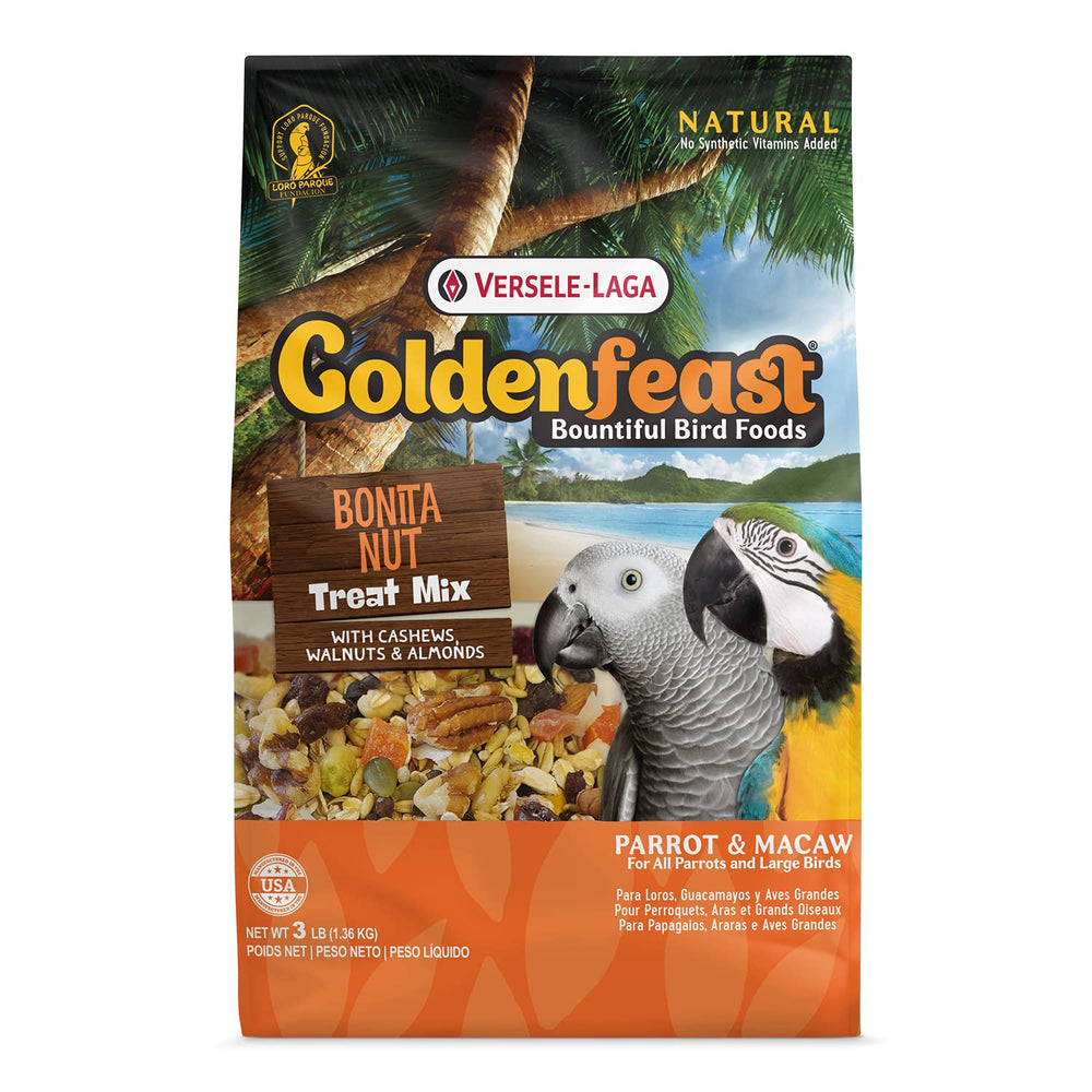 Versele-Laga Goldenfeast Bonita Nut Treat Mix bag promotes healthy snacking for birds.
