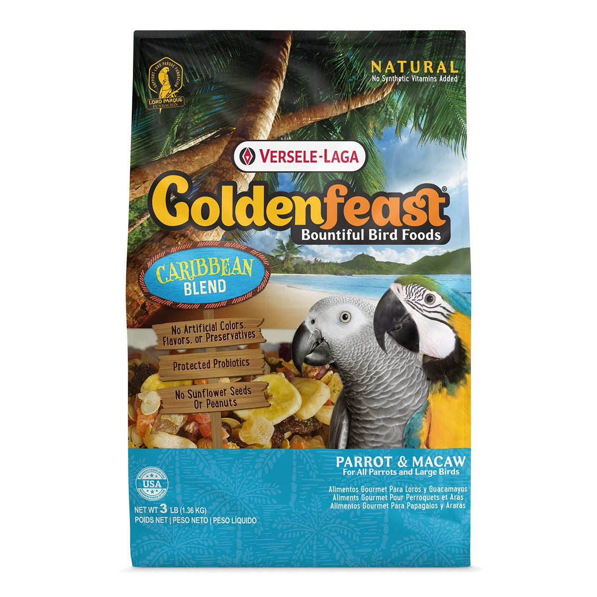 Versele-Laga Goldenfeast Caribbean Blend bag for parrots and macaws, promotes foraging and enrichment.
