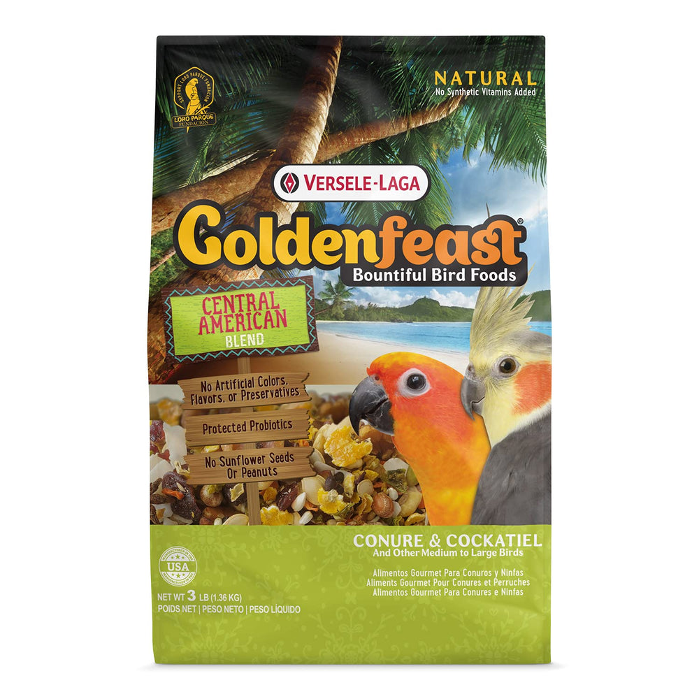Versele-Laga Goldenfeast Central American Blend bag display, ideal for conures and cockatiels.