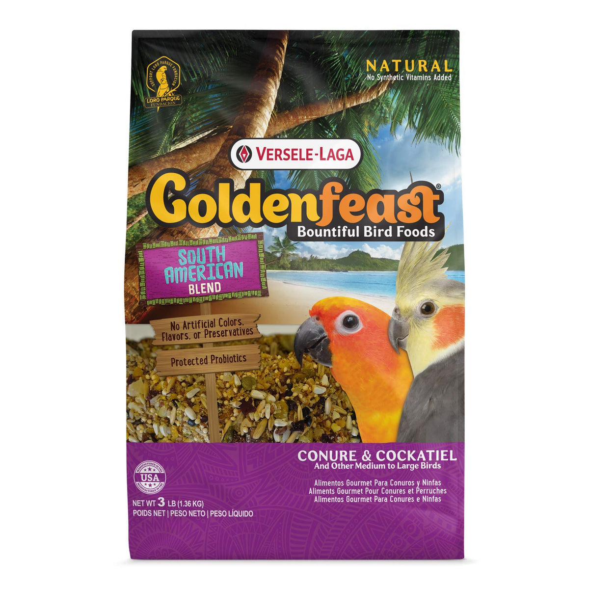 Versele-Laga Goldenfeast South American Blend bag showing foraging enrichment for birds.