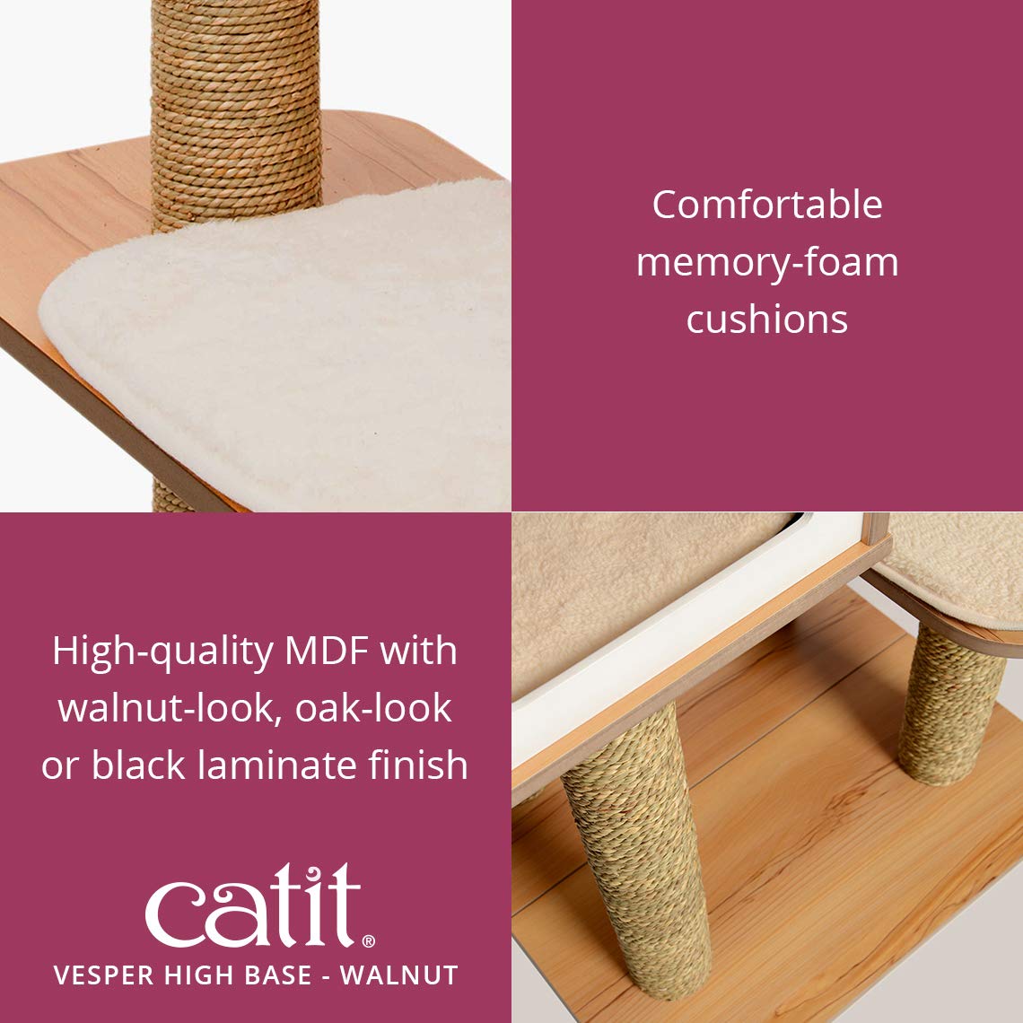 VESPER cat condos Walnut with soft cushions for lounging and nap-ready comfort.