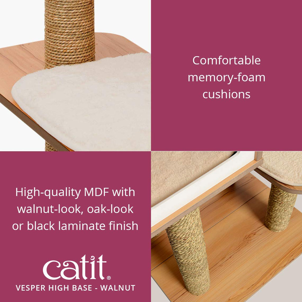 VESPER cat condos Walnut with soft cushions for lounging and nap-ready comfort.