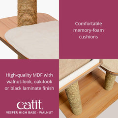 VESPER cat condos Walnut with soft cushions for lounging and nap-ready comfort.