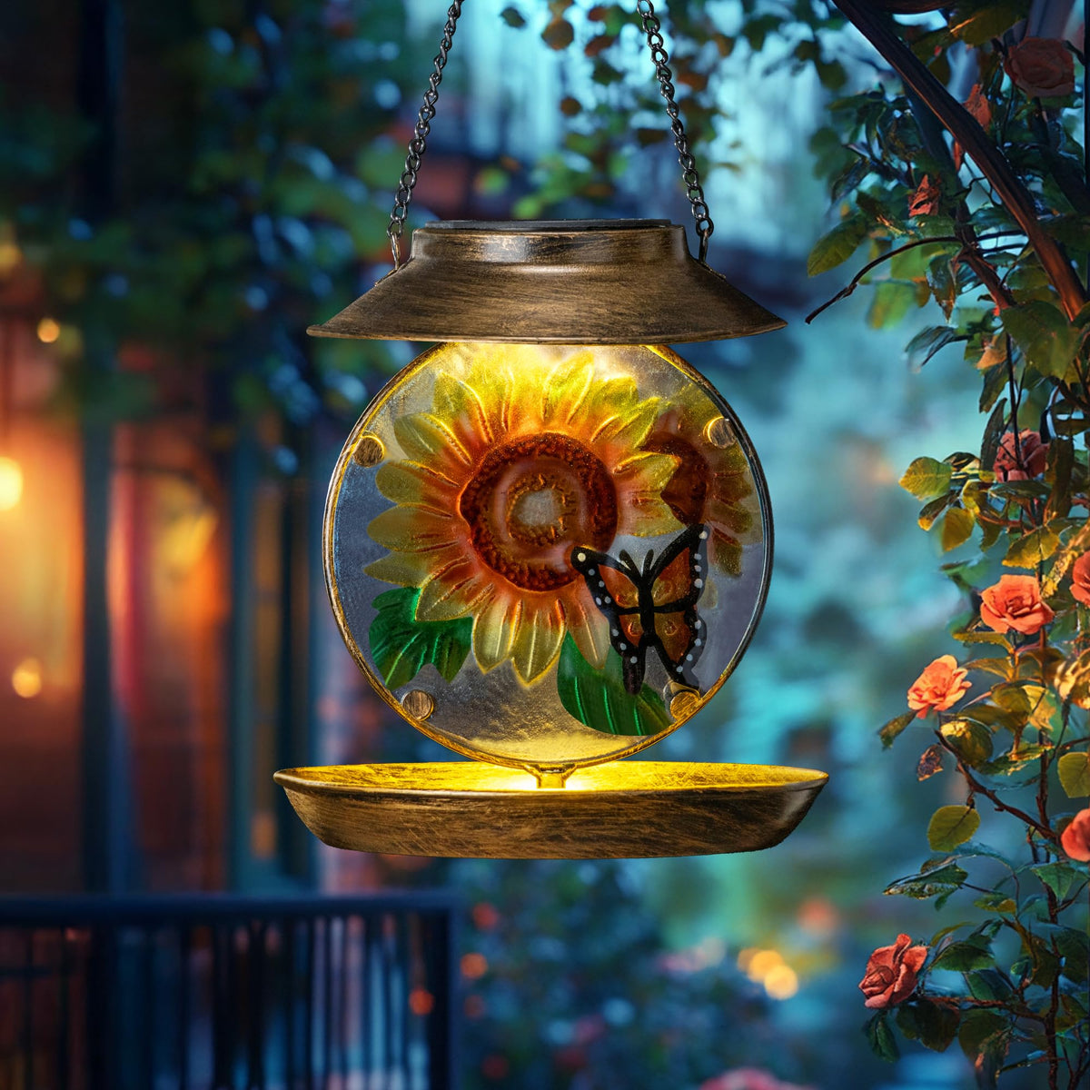 VESTCDF solar bird feeder with sunflower hanging design attracts songbirds for backyard enjoyment.