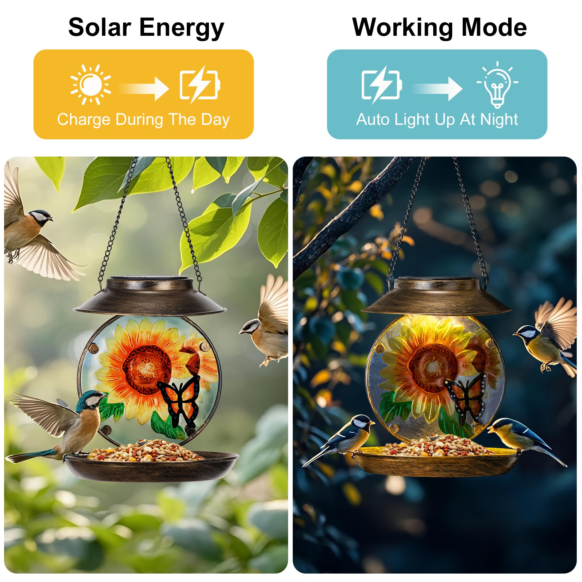 VESTCDF sunflower butterfly glass panel elevates the feeder with color and light-catching detail.