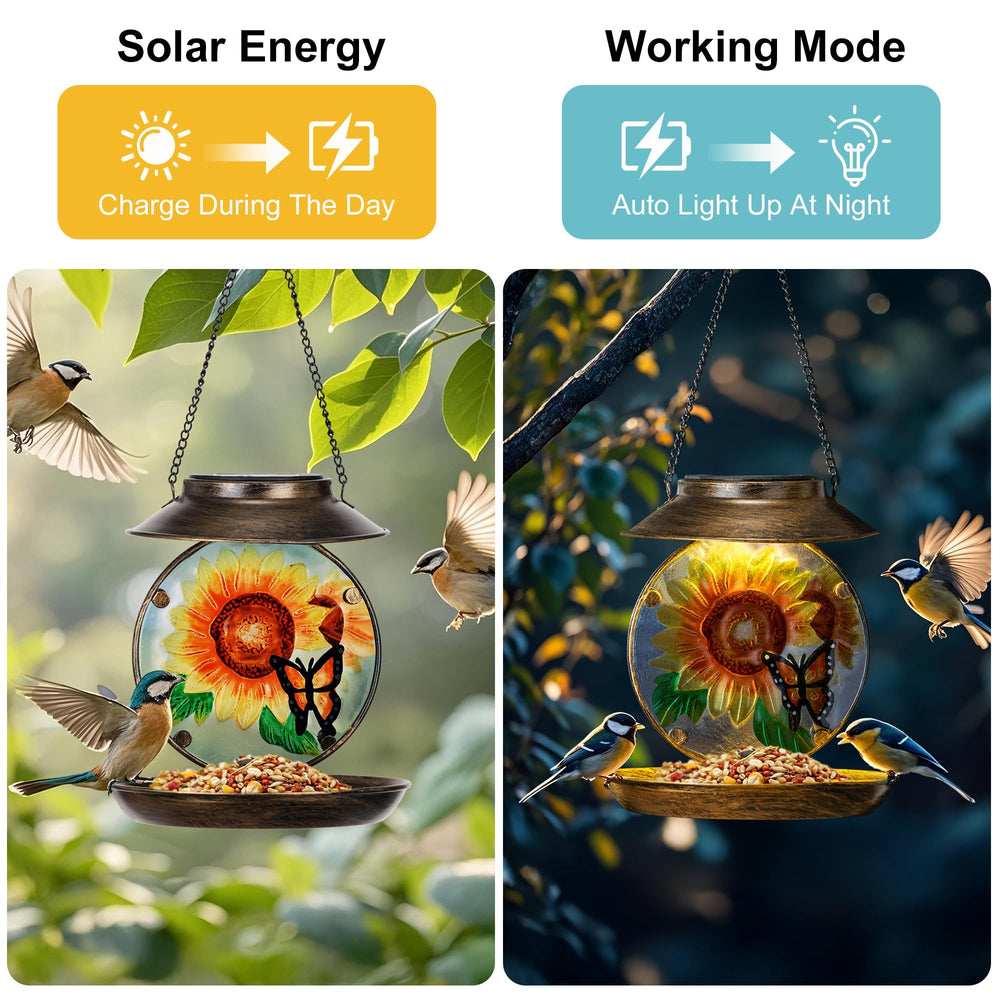 VESTCDF sunflower butterfly glass panel elevates the feeder with color and light-catching detail.