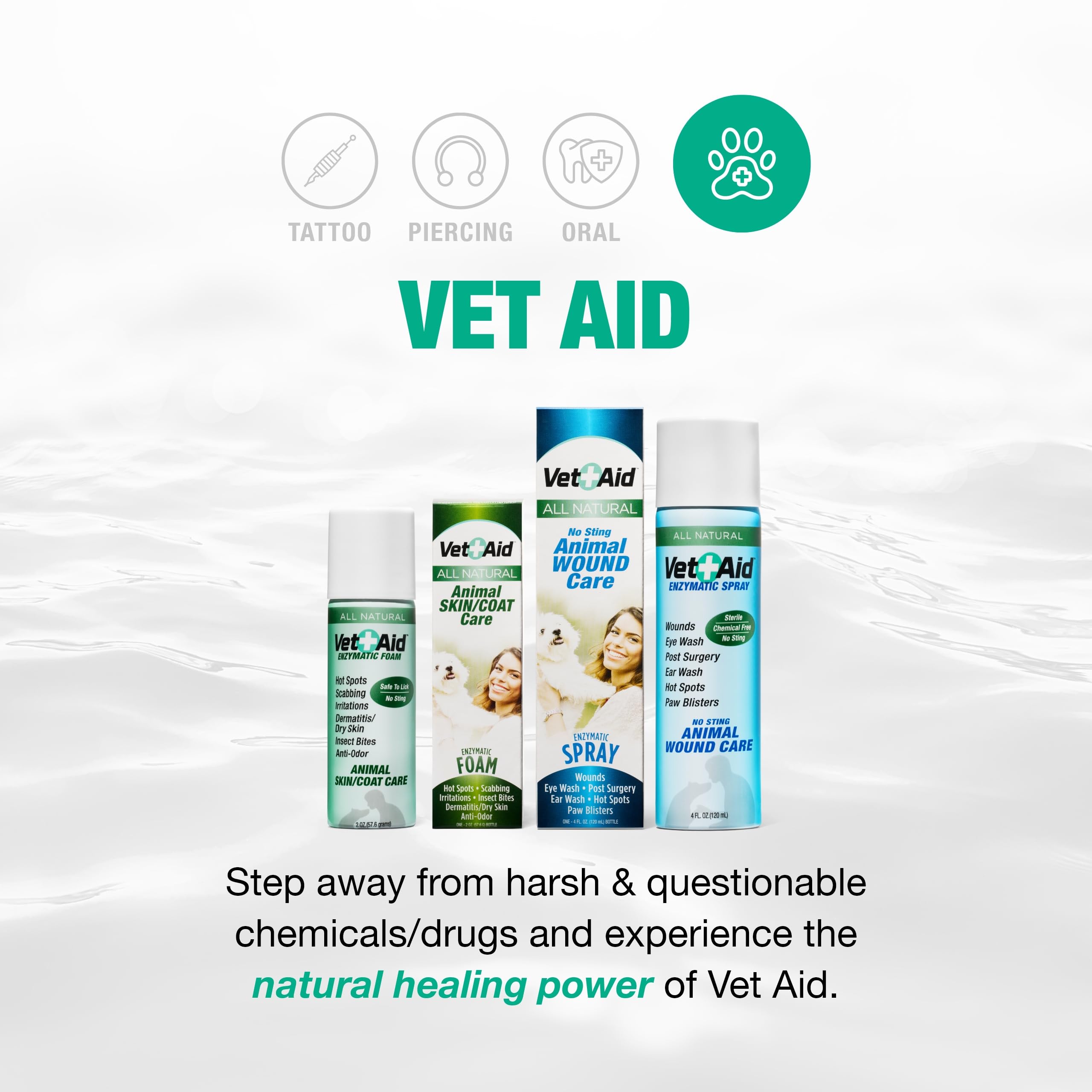 Vet Aid supports safe topical care for small and large animals.