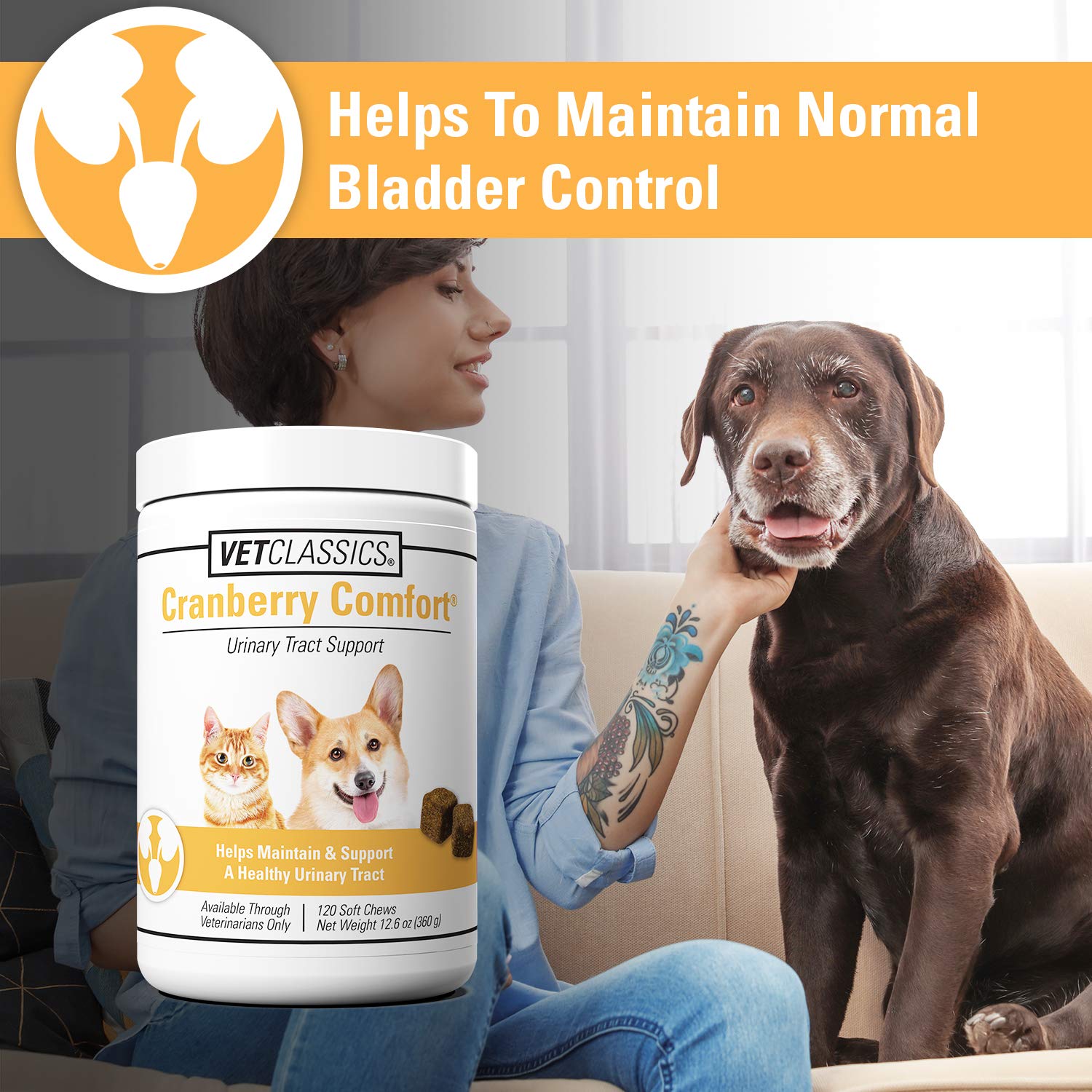 Dog image with Vet Classics Cranberry Comfort indicating urinary health support.