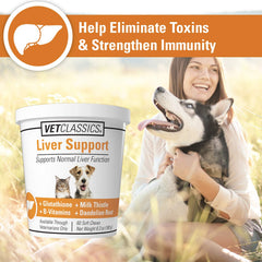Vet Classics Liver Support chew tablets pack demonstrates packaging for simple daily dosing.