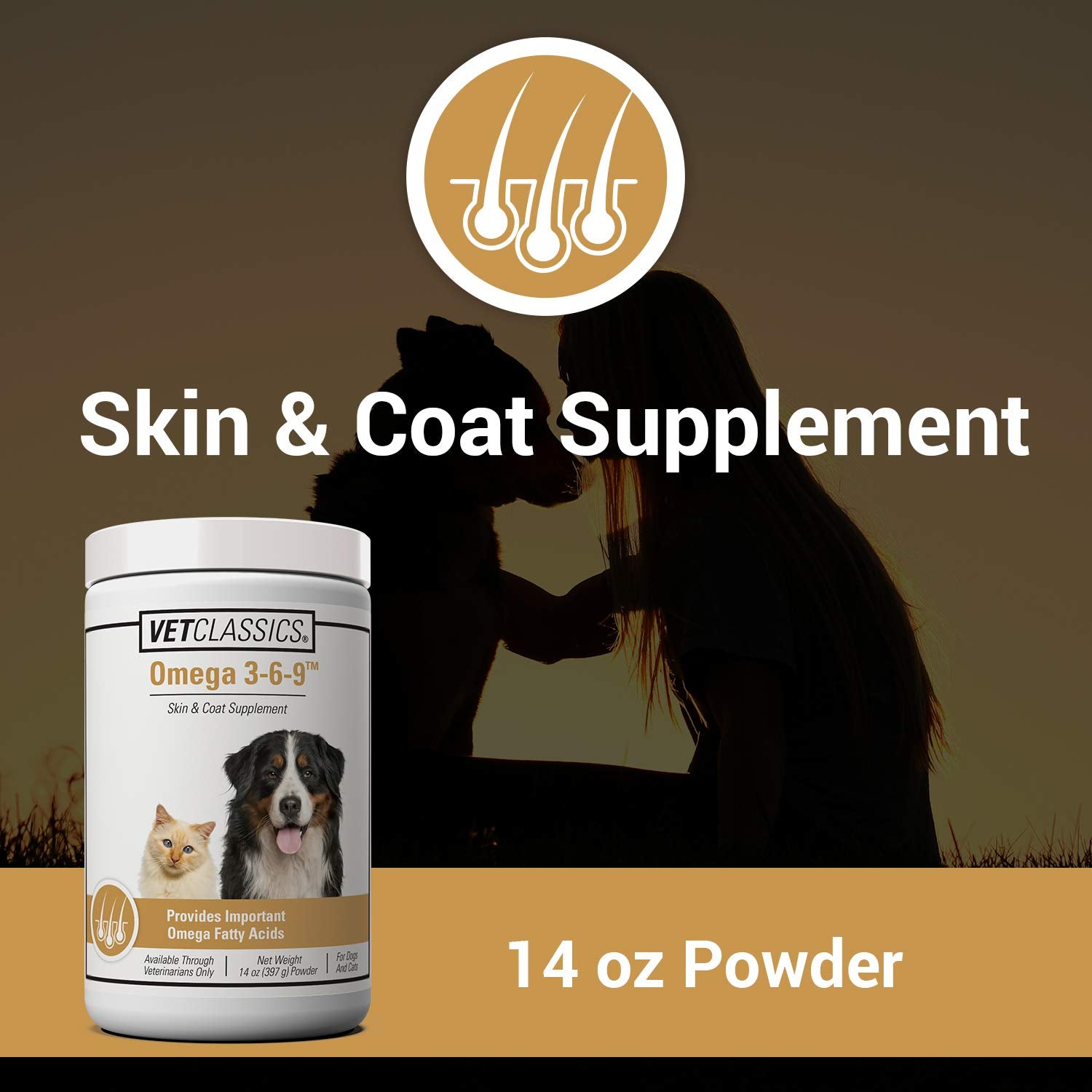 Vet Classics Omega 3-6-9 pet coat gloss enhances shine and texture.