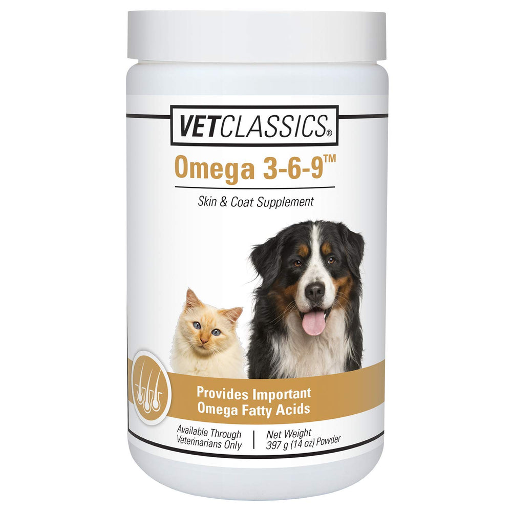 Vet Classics Omega 3-6-9 powder bottle provides daily skin and coat support.