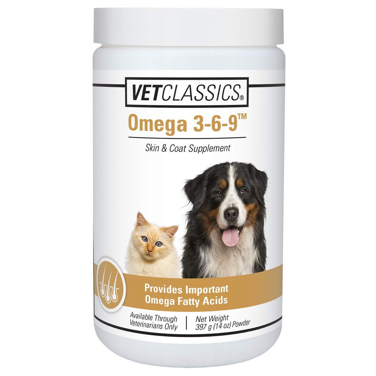 Vet Classics Omega 3-6-9 powder bottle provides daily skin and coat support.