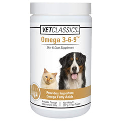 Vet Classics Omega 3-6-9 powder bottle provides daily skin and coat support.