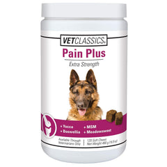 Vet Classics Pain Plus soft chews bottle for convenient daily dog supplement.