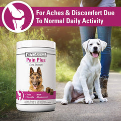 Packaging of Vet Classics Pain Plus soft chews with herbal ingredients highlighted.