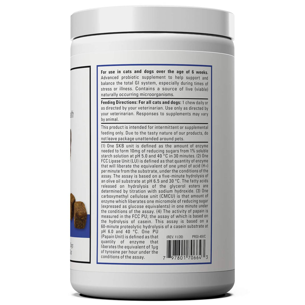 Packaging of Vet Classics Protegrity GI Probiotics demonstrates easy GI support for pets