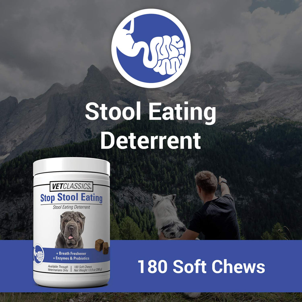 Vet Classics Stop Stool Eating enzyme-probiotic formula supports digestion and stool deterrence.