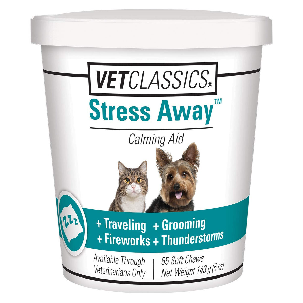 Vet Classics Stress Away soft chews bottle helps soothe anxious dogs and cats during travel.