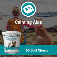 Vet Classics Stress Away soft chews close-up label highlights melatonin and ginger for calming support.