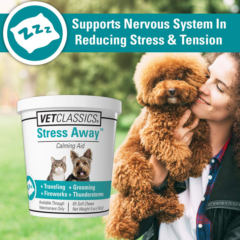 Vet Classics Stress Away soft chews dog serving demonstrates easy treat for anxious outings.