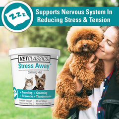 Vet Classics Stress Away soft chews dog serving demonstrates easy treat for anxious outings.