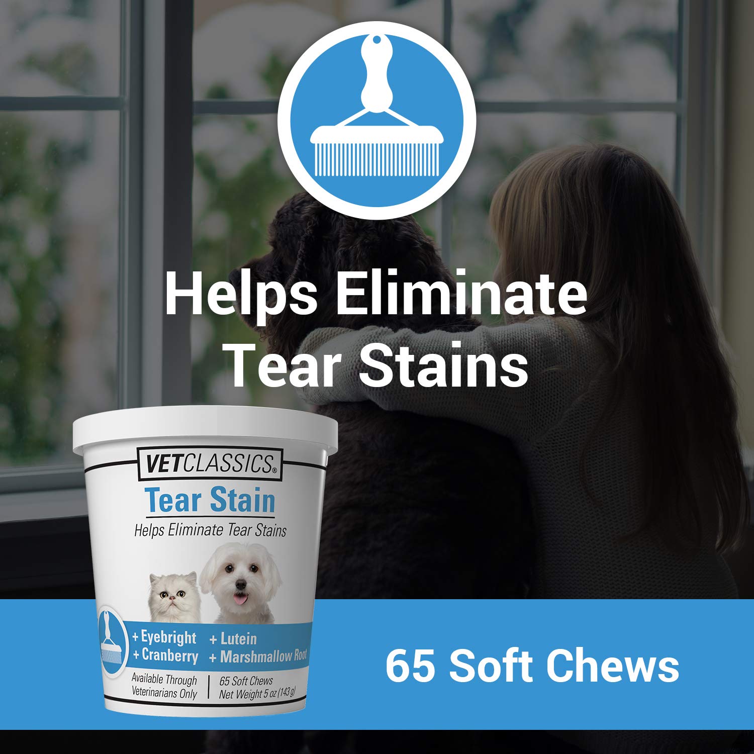 Vet Classics Tear Stain supplement ingredients like cranberry and eyebright showcased.
