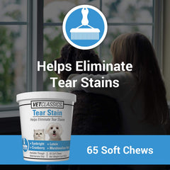 Vet Classics Tear Stain supplement ingredients like cranberry and eyebright showcased.