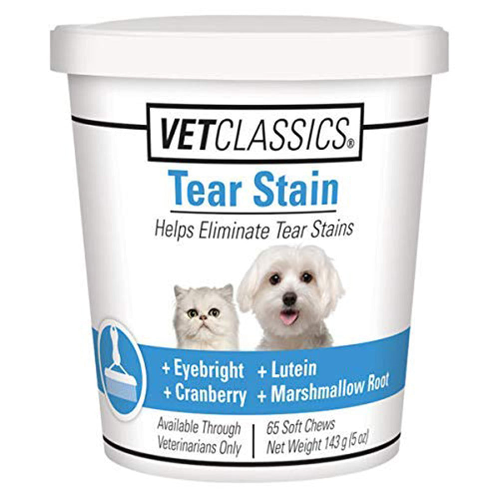 Vet Classics Tear Stain Soft Chews bottle highlights eye comfort and stain reduction.