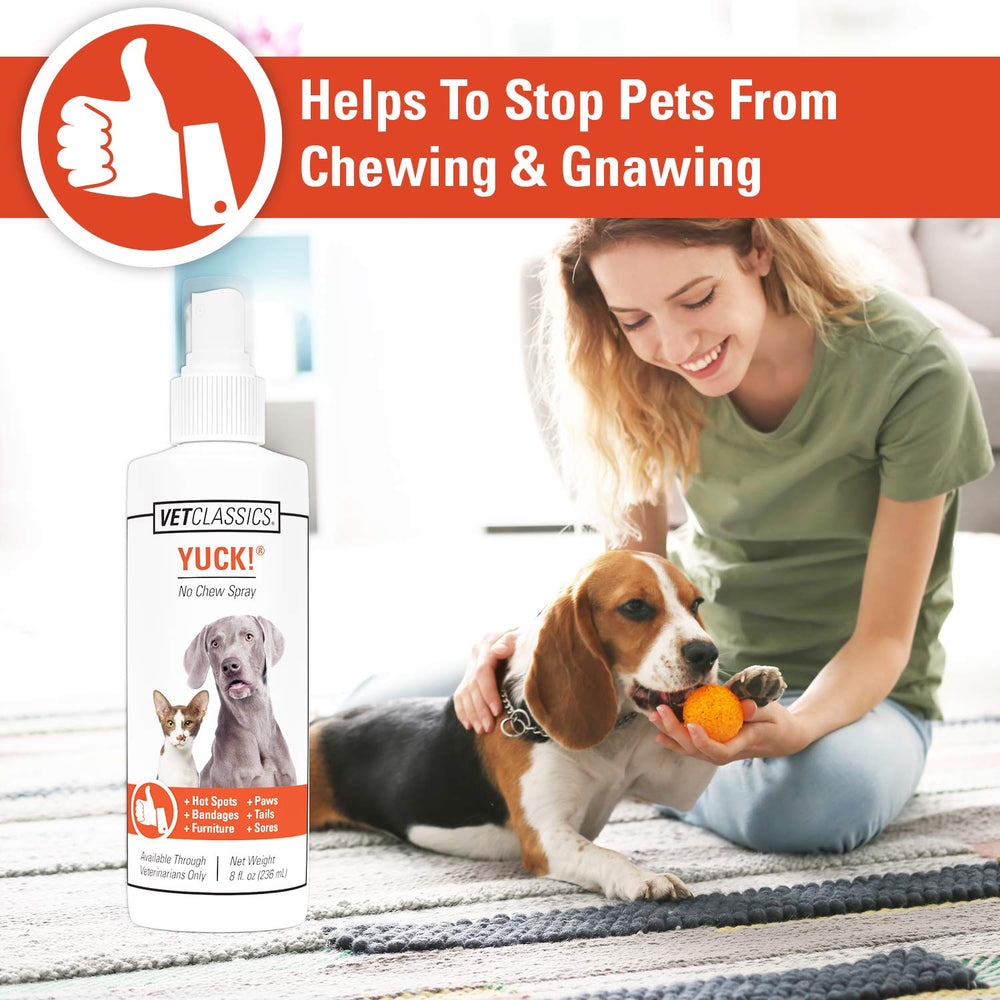Vet Classics Yuck No-Chew spray on bandages and sores deters chewing.