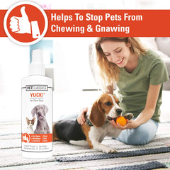 Vet Classics Yuck No-Chew spray on bandages and sores deters chewing.