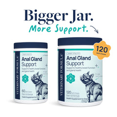 Veterinary Formula Anal Gland Support bottle shown with chews for daily canine supplement.