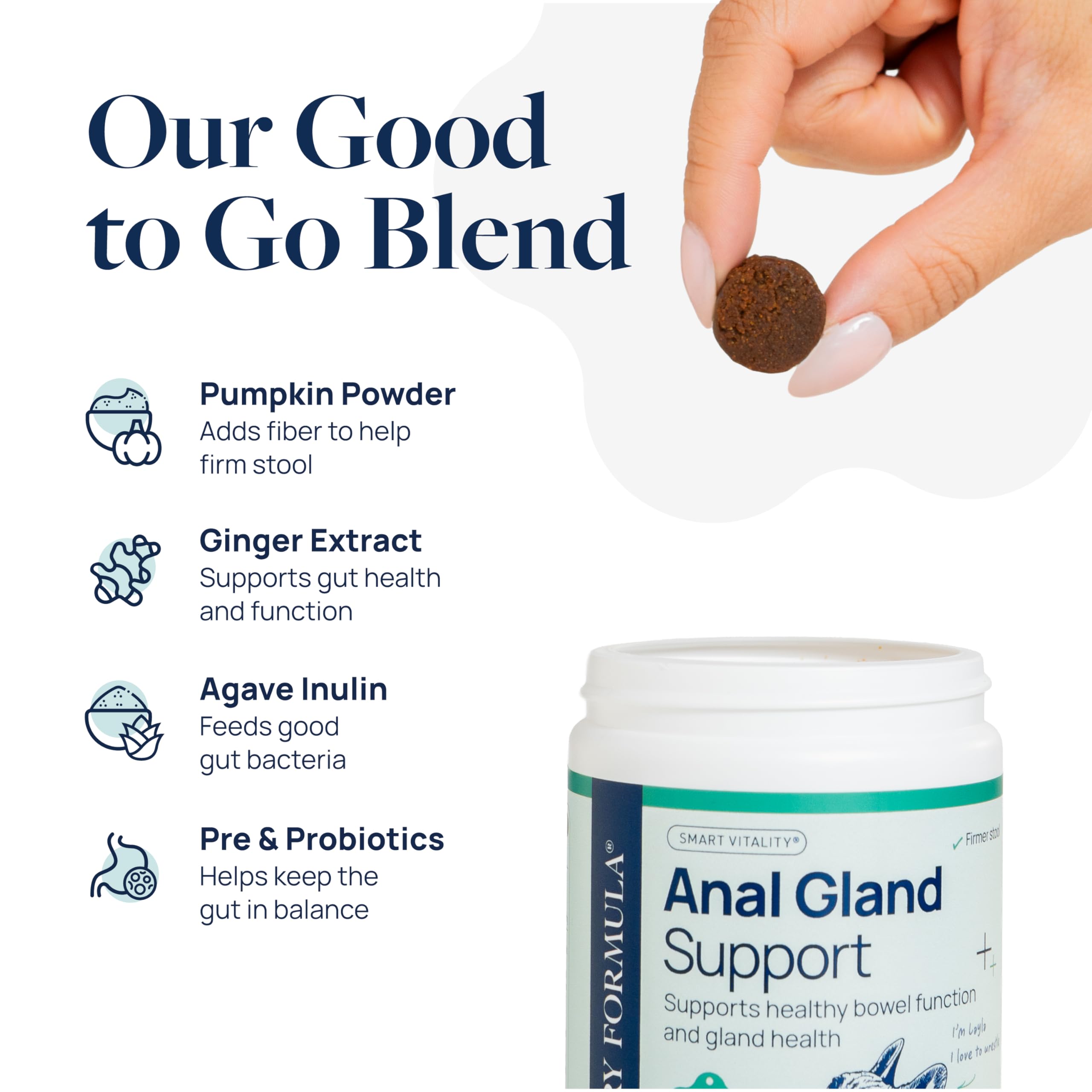 Veterinary Formula Anal Gland Support dog bowl scene emphasizes firm stool benefits.