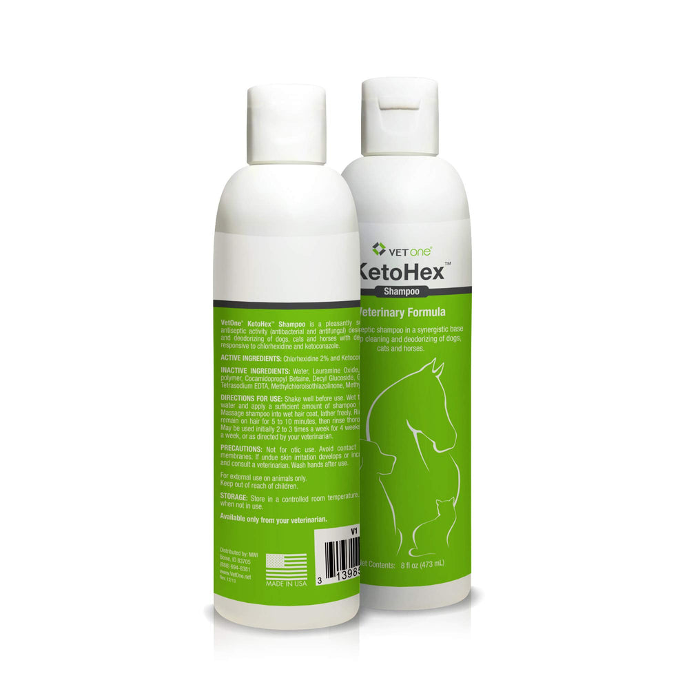 Front label of Vet One dog allergy shampoo shows vet-formulated care