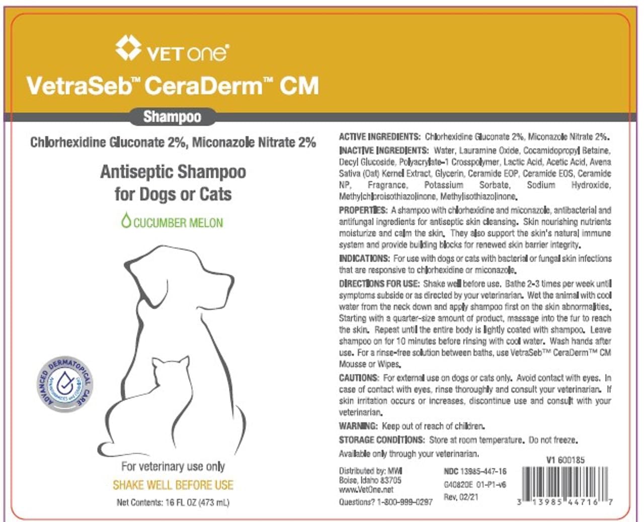Vet One NDC 13985-447-16 bottle closeup with clear labeling and secure packaging.