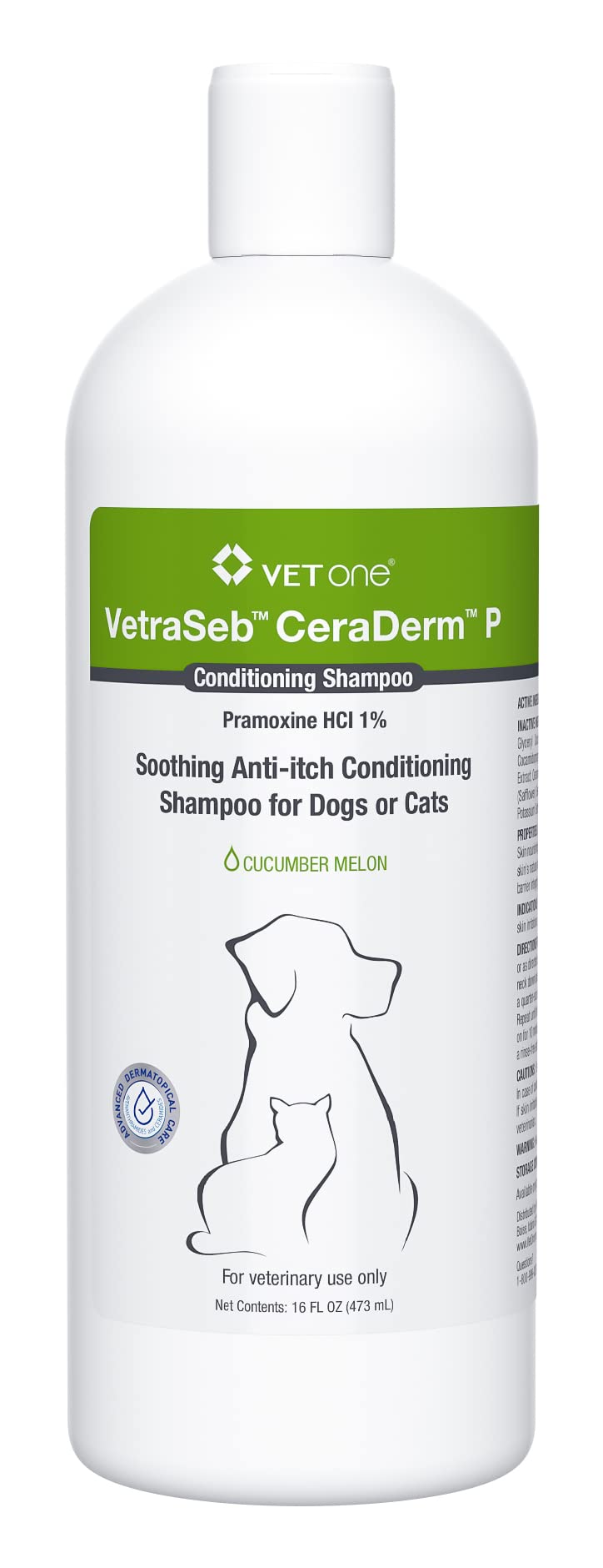 Vet One VetraSeb CeraDerm P Conditioning Shampoo bottle highlights moisturizing formula for sensitive skin.