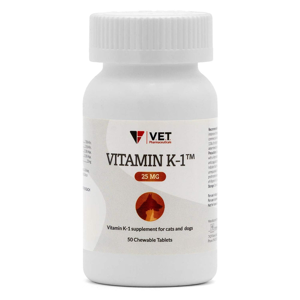 V.E.T. PHARMACEUTICALS Vitamin K1 chewable tablets front view, supports blood clotting in dogs and cats.