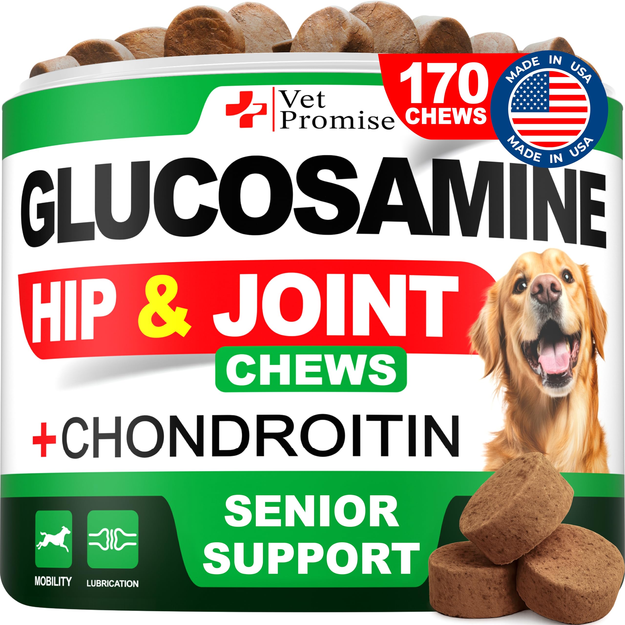 Vet Promise Advanced Glucosamine chews bottle shows joint support for aging dogs