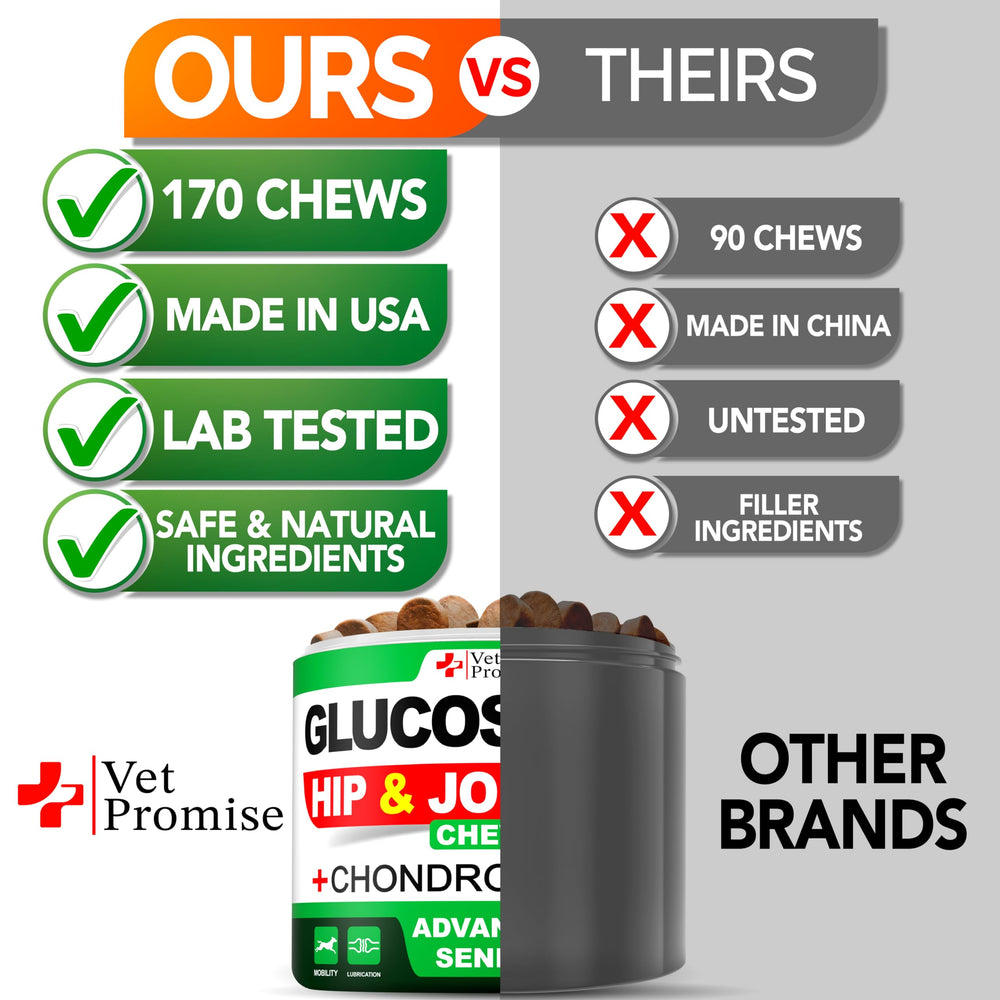 Vet Promise Advanced Glucosamine chews hand-held shot emphasizes convenient daily dosage