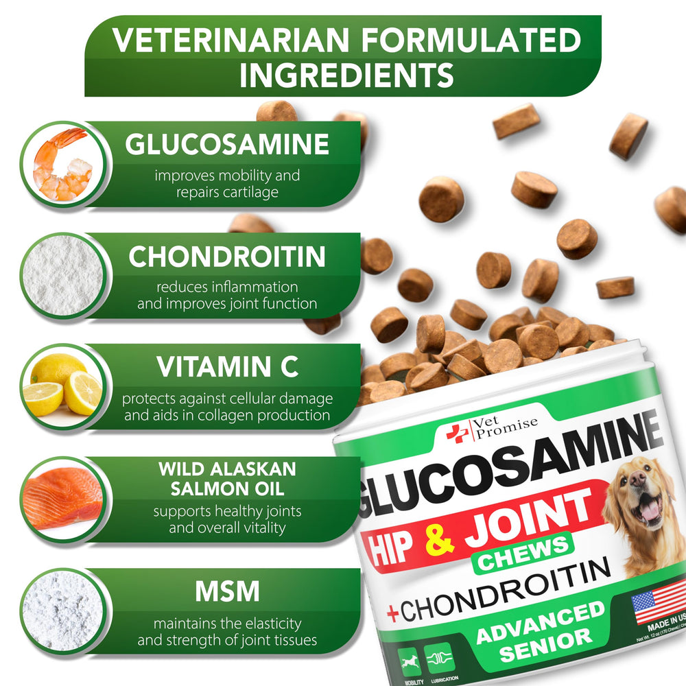Vet Promise Advanced Glucosamine chews packaging highlights ingredients and USA-made quality