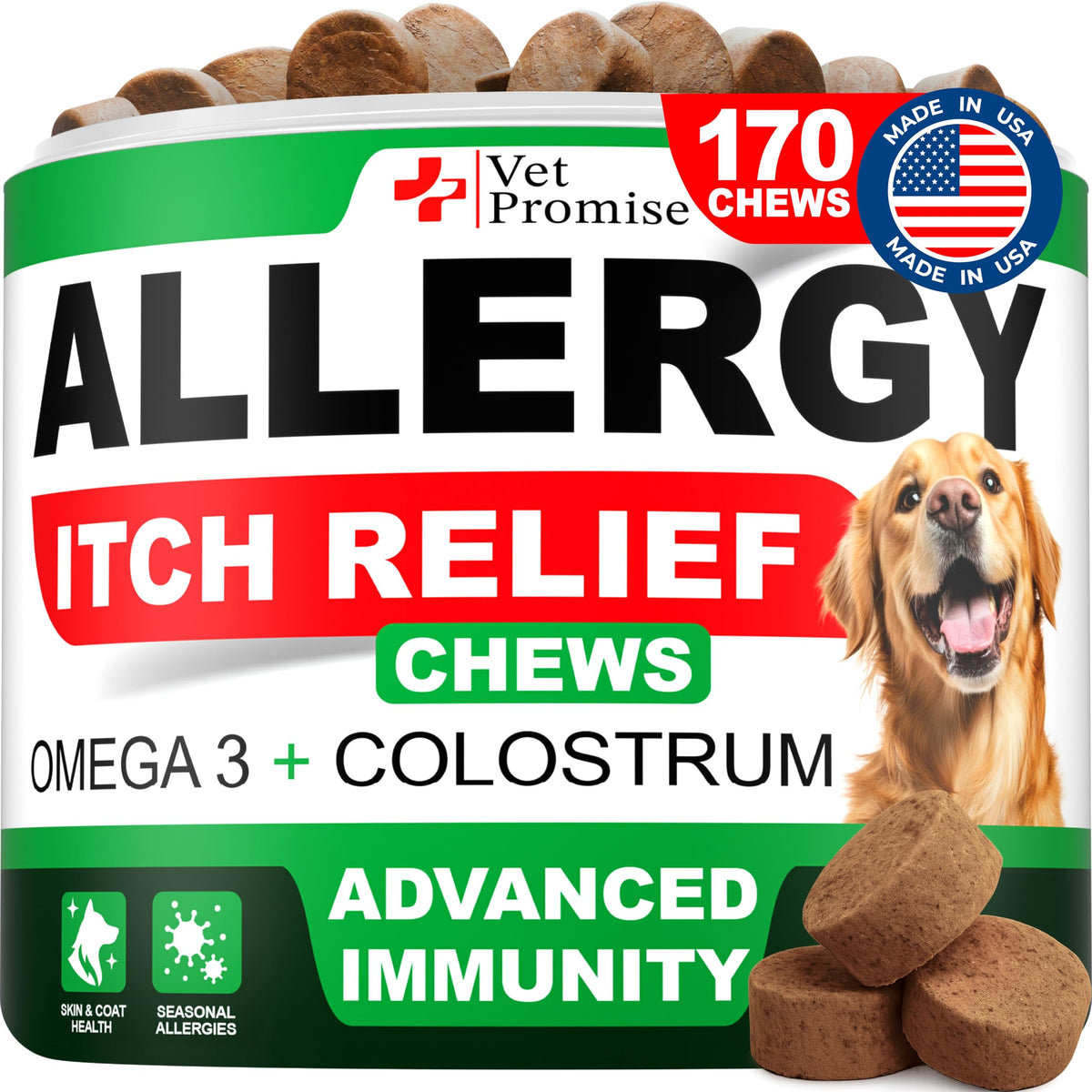 Vet Promise Dog Allergy Relief Chews bottle front promoting itch relief for dogs.