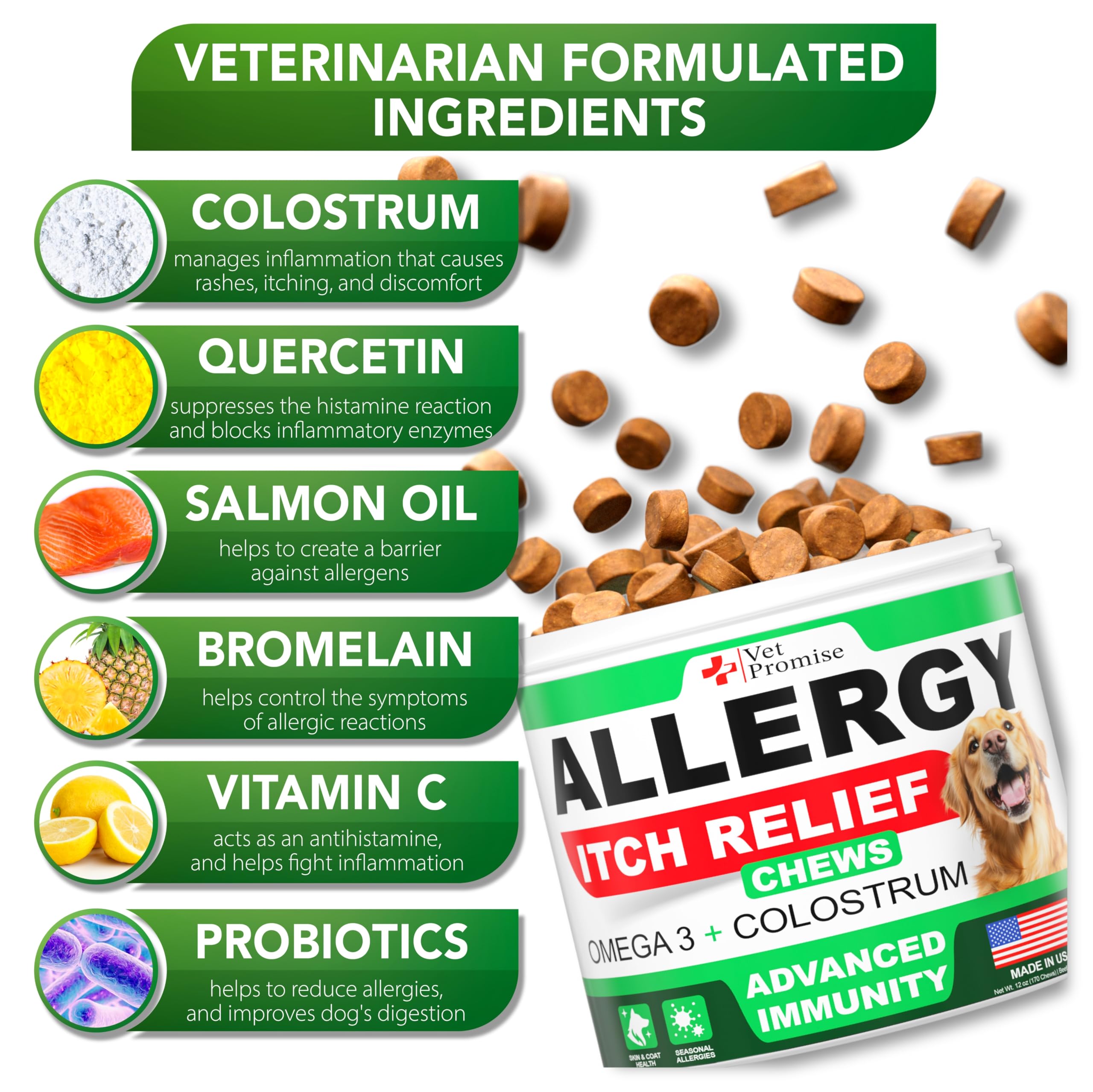 Close-up of Vet Promise dog allergy chews texture shows chewable form for easy dosing.