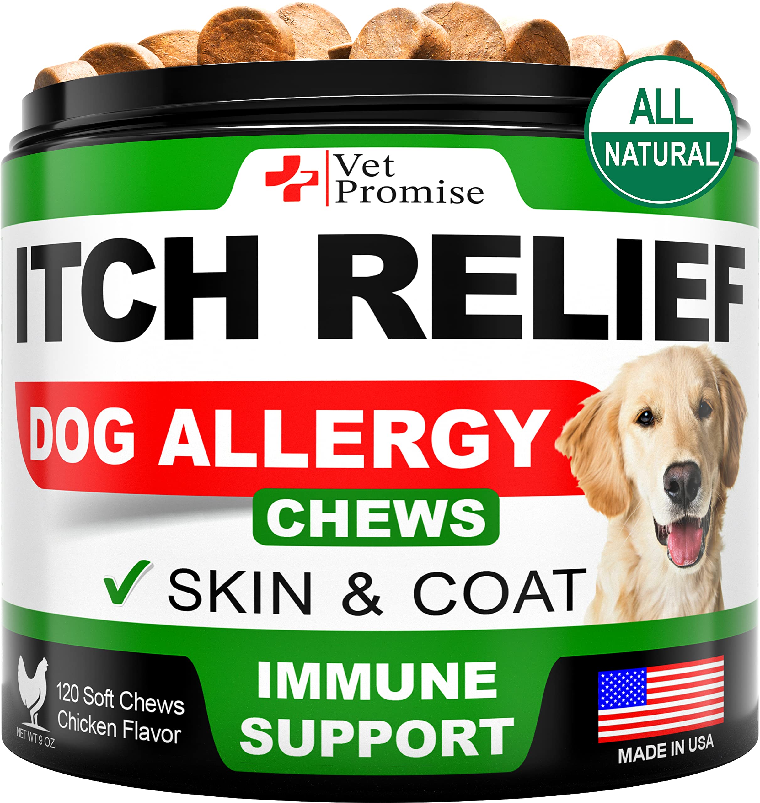 Vet Promise dog allergy relief chews label shows ingredients and itchy skin support.