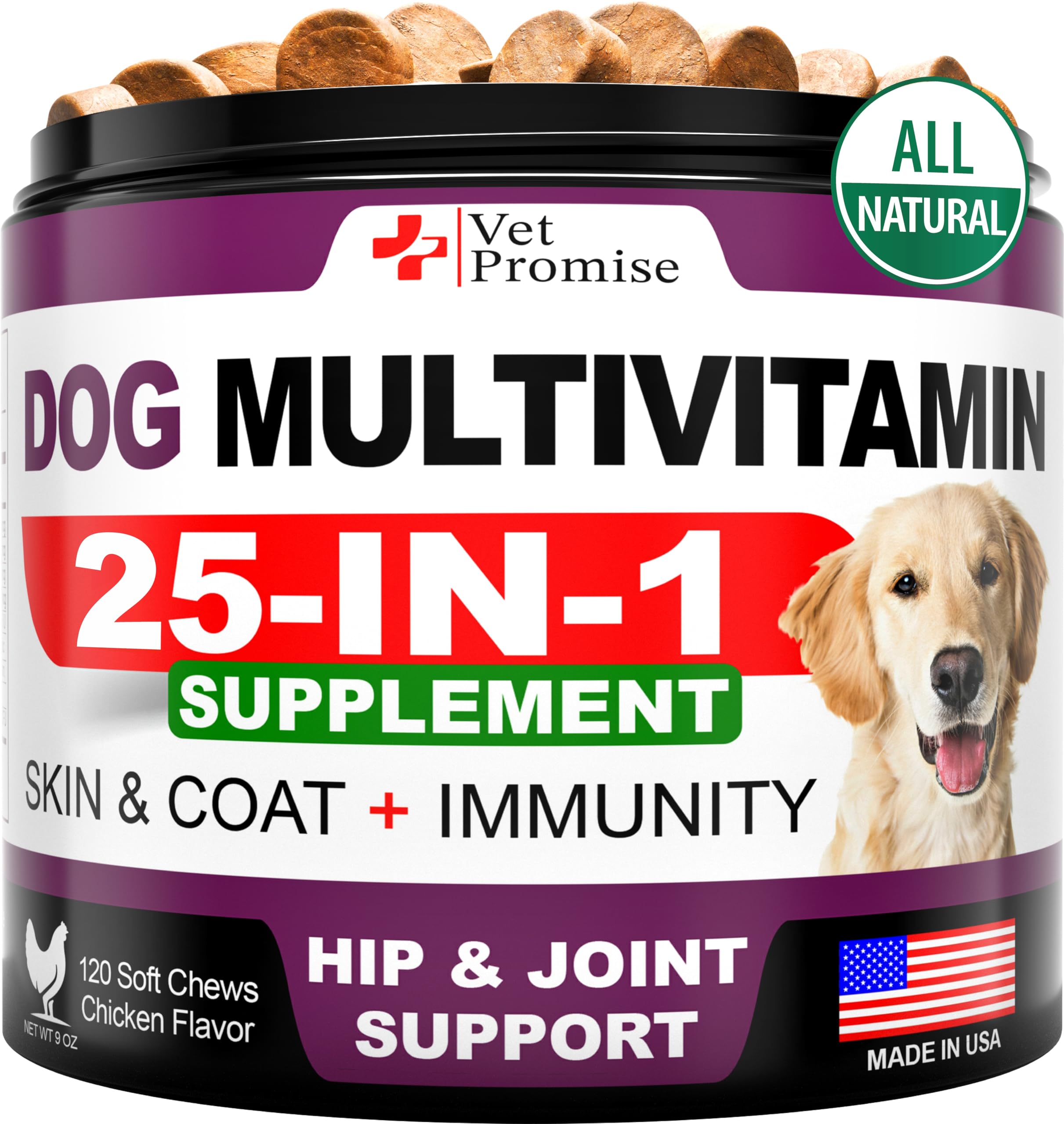 Vet Promise Dog Multivitamin bottle pour demonstrates convenient daily dosing for joints and immune support.