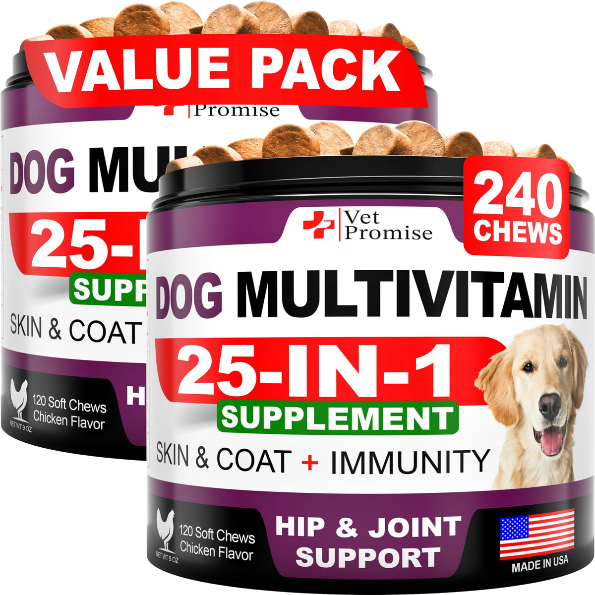 Vet Promise dog multivitamin jar front for all ages and sizes
