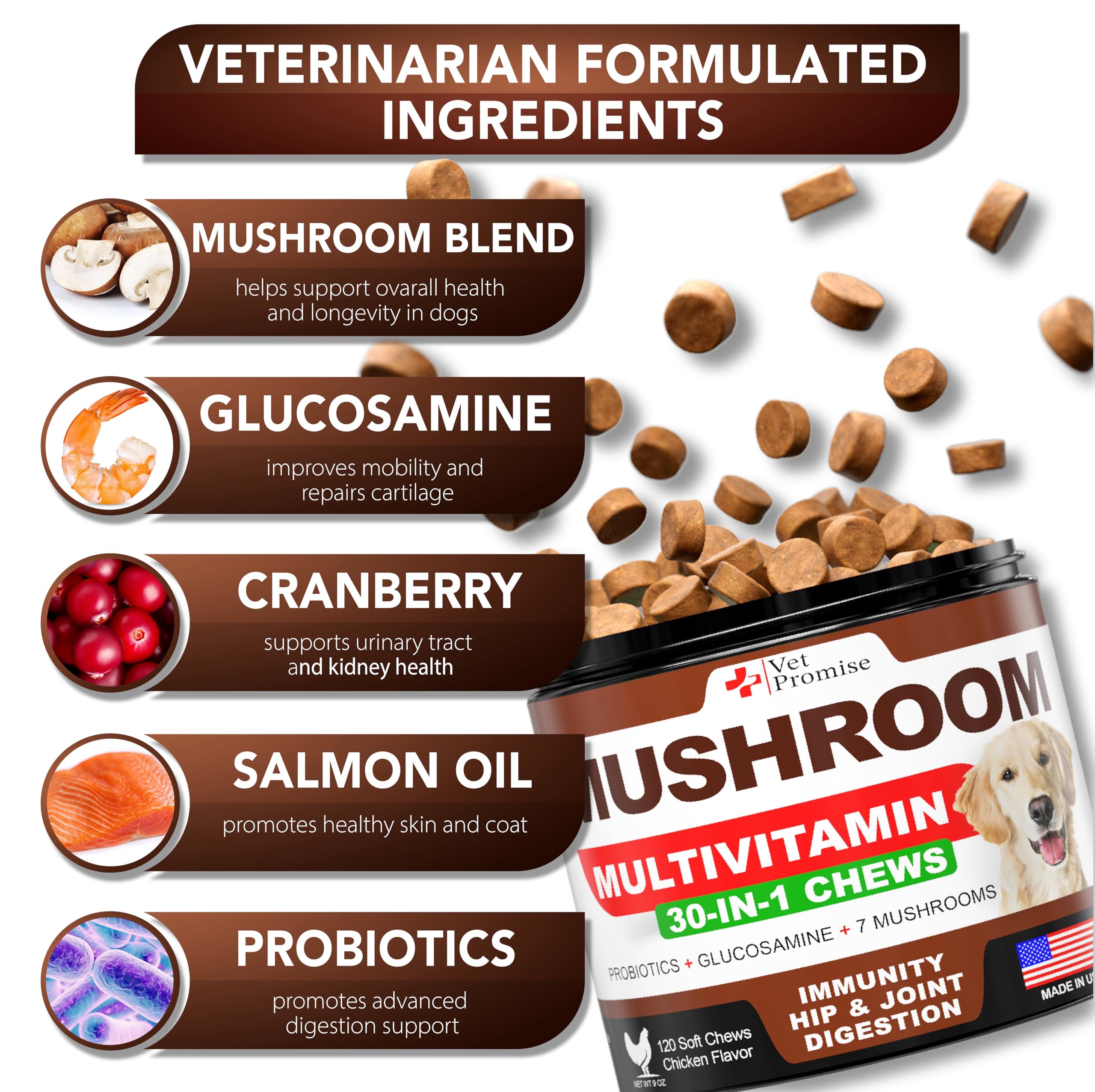 Vet Promise mushroom blend label highlights seven-mushroom formula for canine wellness.