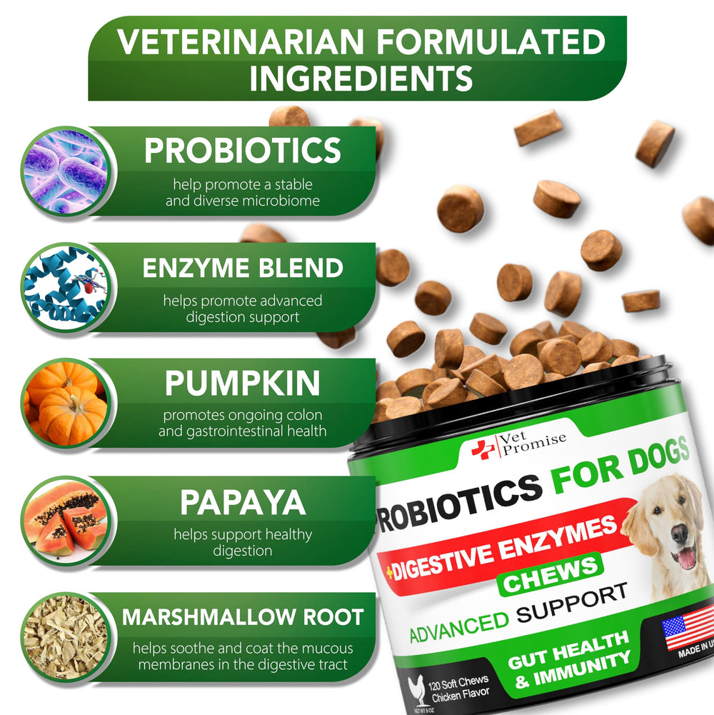Vet Promise dog probiotics chews label packaging emphasizes natural ingredients