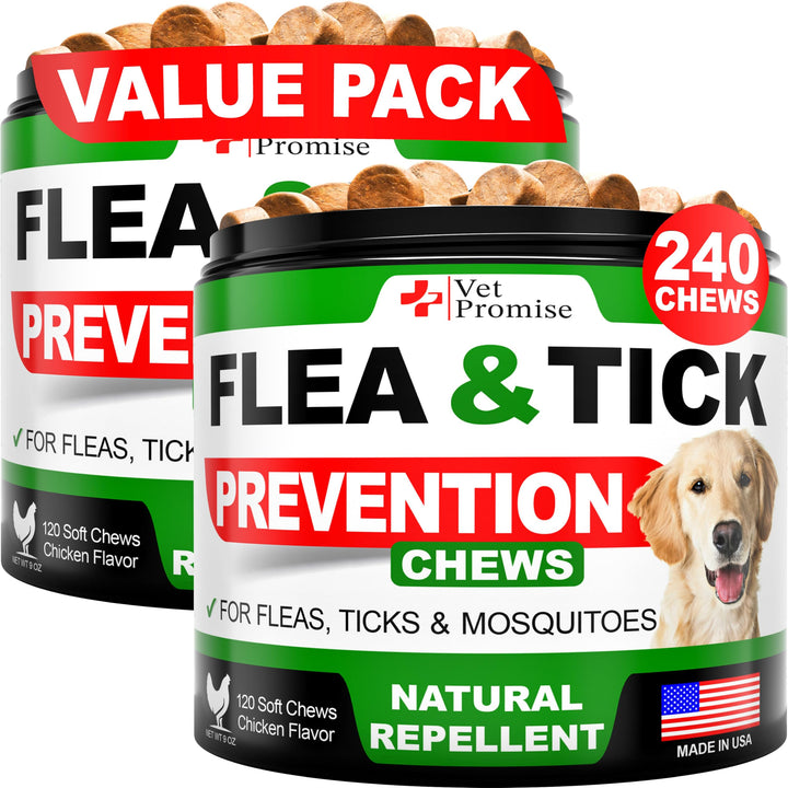 Vet Promise flea and tick chews bottle pour for easy daily dosing and pest defense.